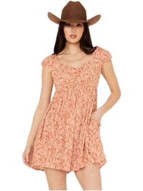 Peach cactus print Floral Short Sleeve Mini Dress